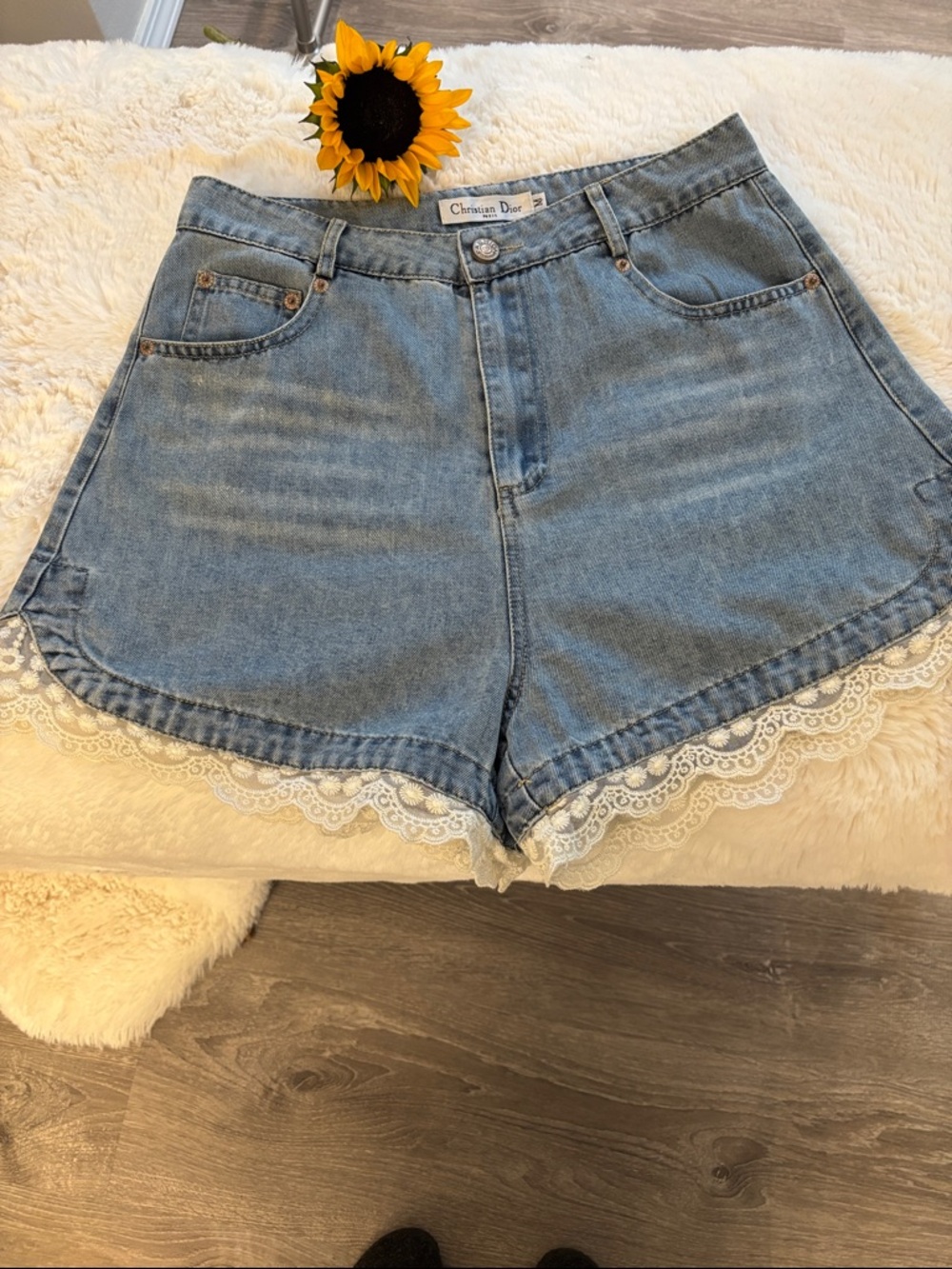 Dior Blue Denim Shorts with White Lace Trim